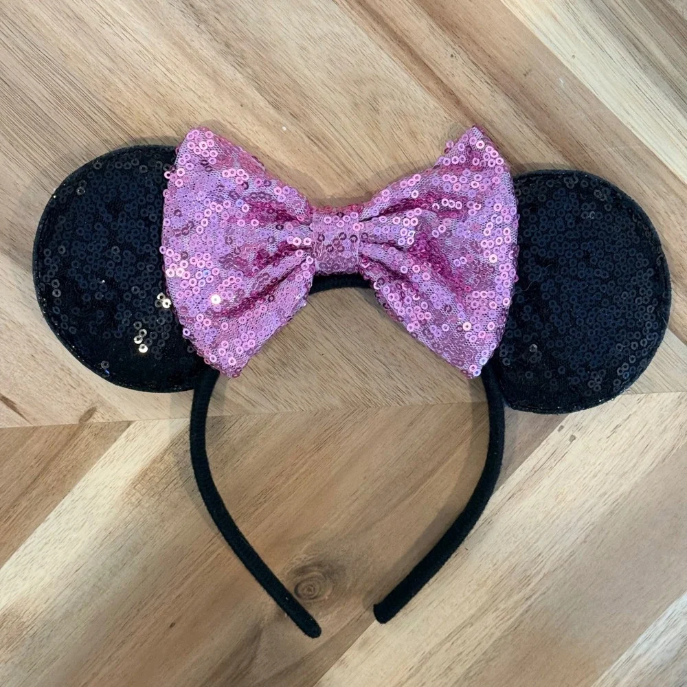 Disney Minnie Mouse Sequin Ears Headband Pink Bow Black‎ Sequins Parks Accessory